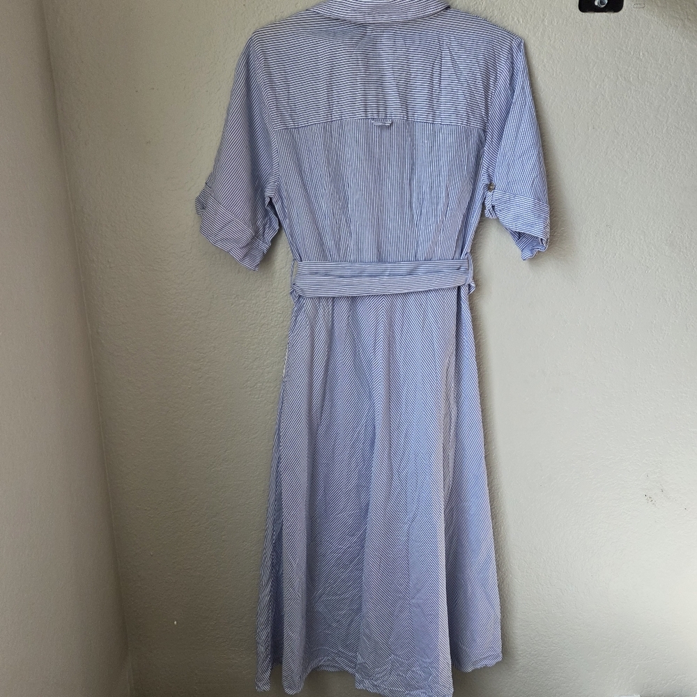 Zara Womens Blue White Striped Sz Small Buttom Collar Belted Shirt Dress - Picture 2 of 16